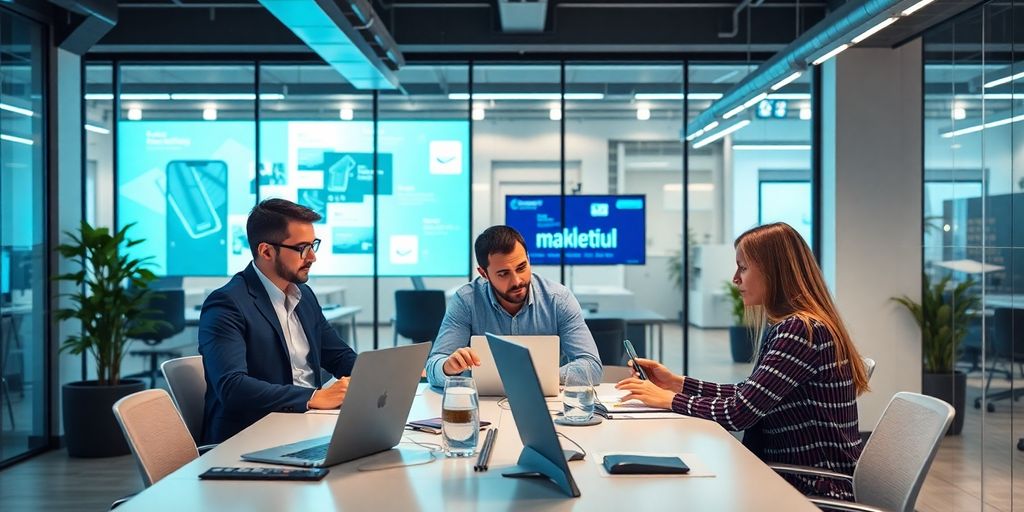 Profissionais de marketing digital colaborando em escritório moderno.