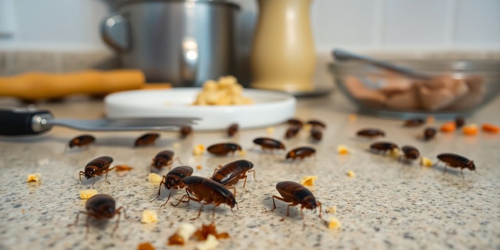 Gândaci de bucătărie pe un blat, infestare vizibilă.