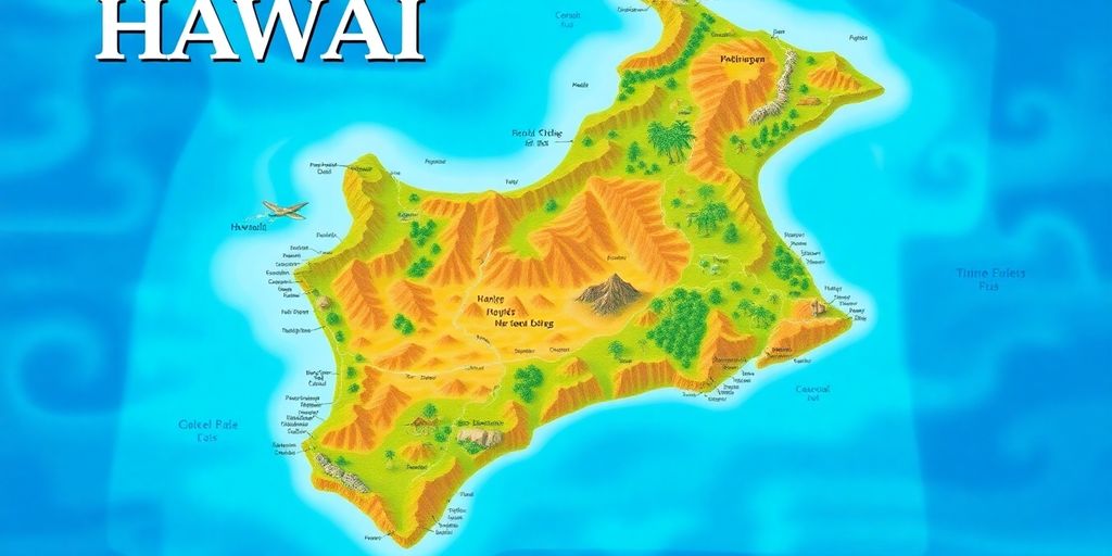 Vibrant Hawaii map overlaying a scenic island vista.