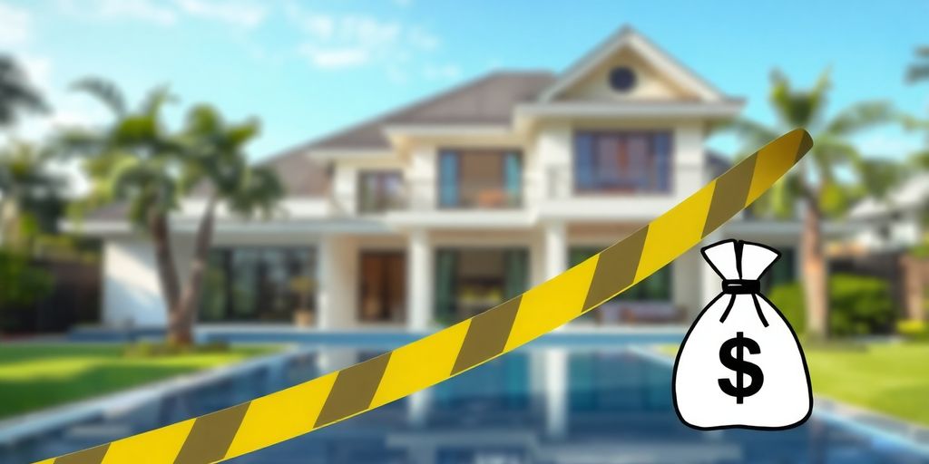 Blurred Phuket property with caution tape and money bag.