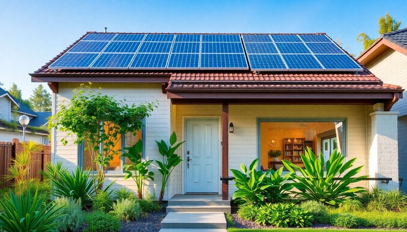 Modern eco-friendly home with solar panels and greenery.