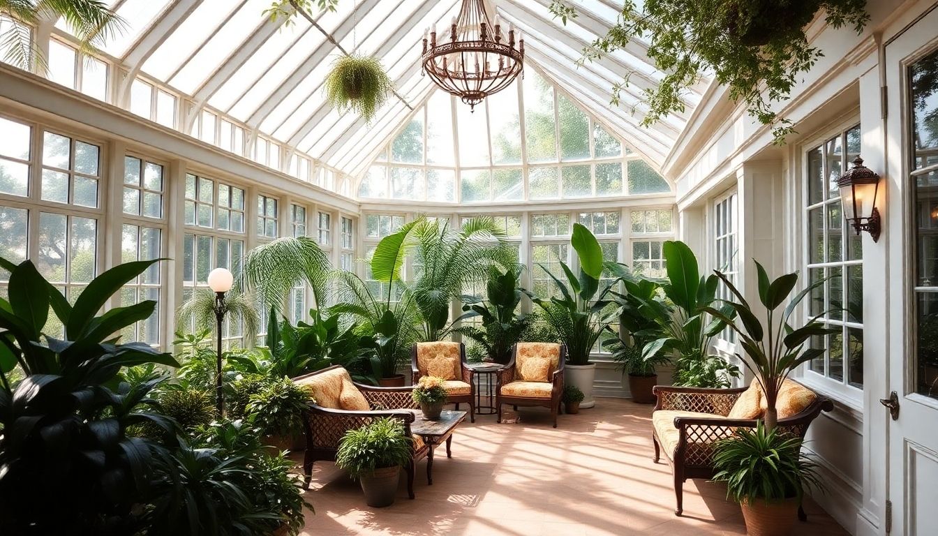 Stylish conservatory with plants and elegant furniture.