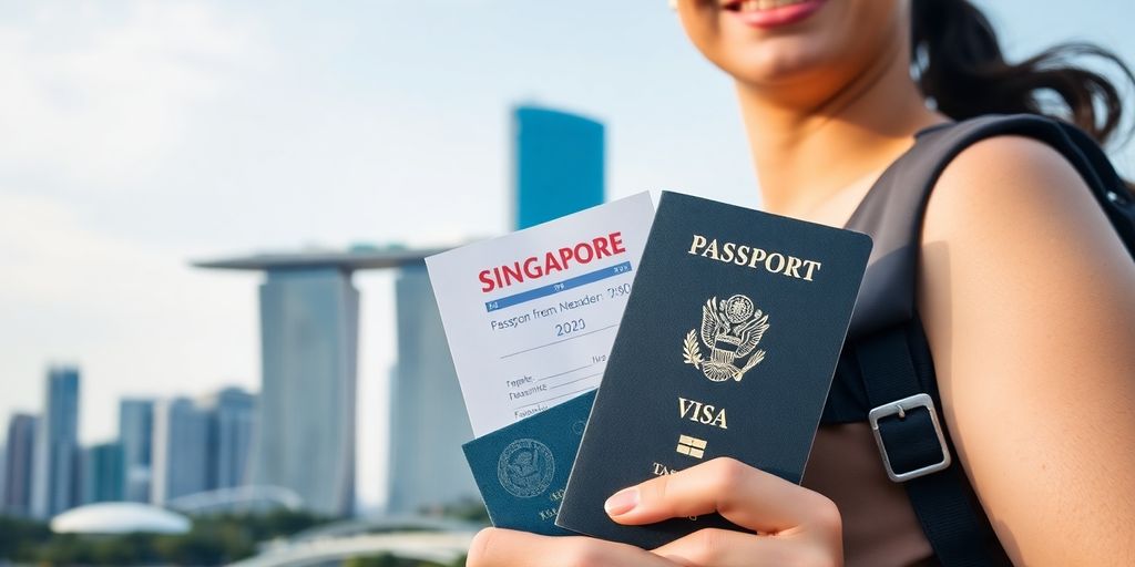 Expat holding essential documents in front of Singapore skyline.