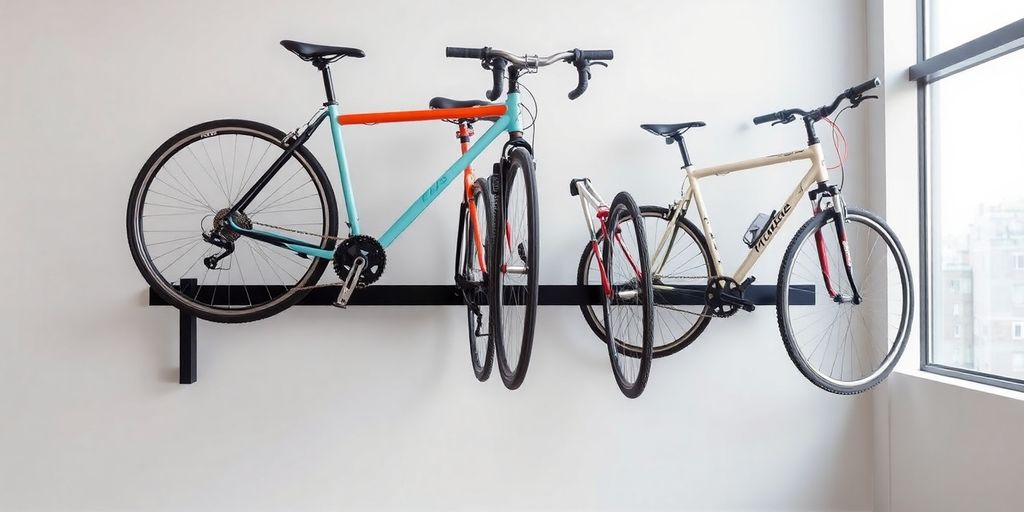 Horizontal bike rack flat against a wall with bikes.