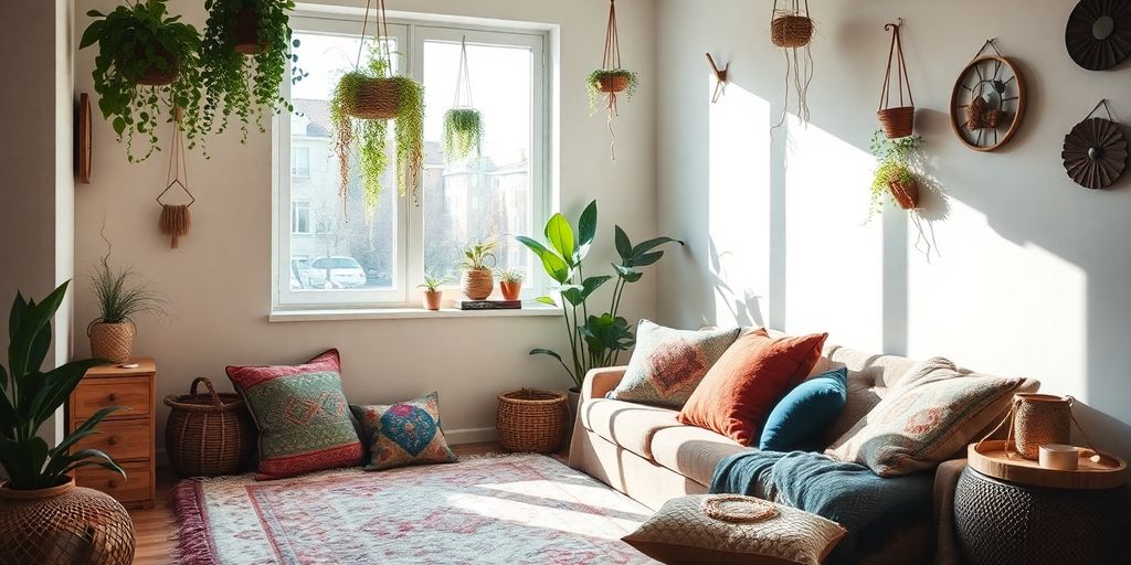 Cozy boho living room corner with plants and cushions.