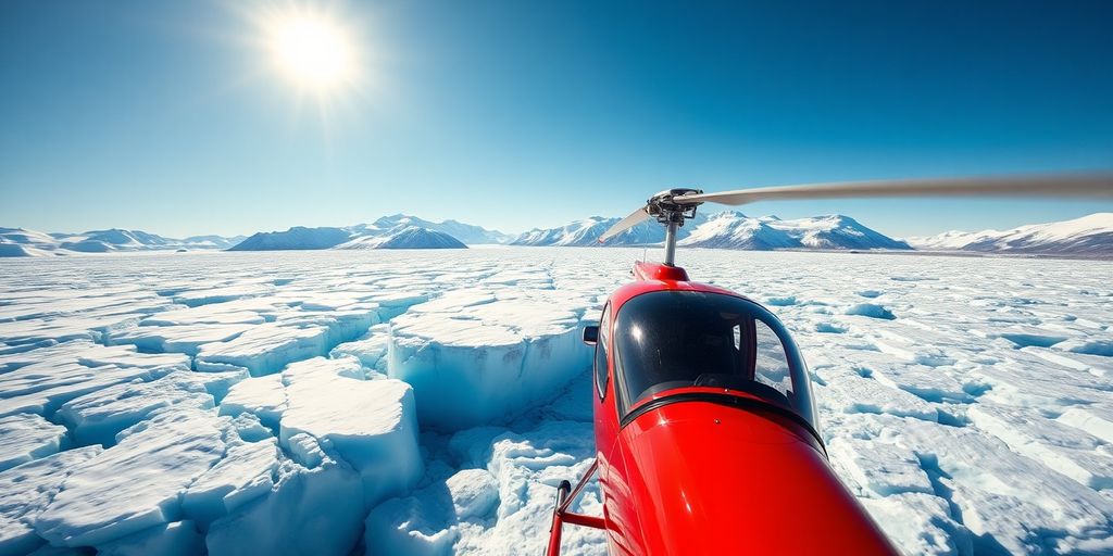 A red helicopter flies low over a vast Alaskan glacier.