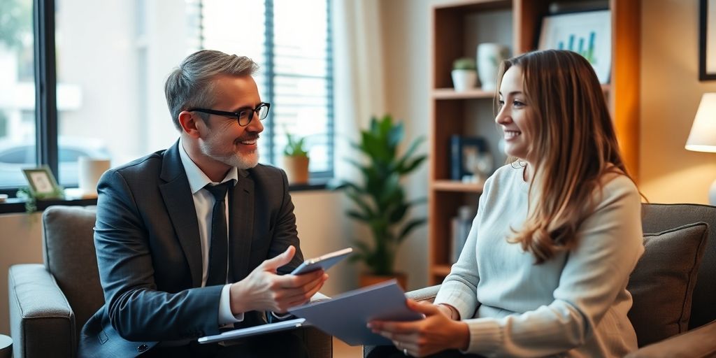 Un conseiller discutant avec un client dans un bureau chaleureux.