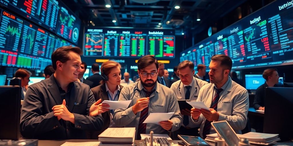 Traders discussing strategies in a bustling market environment.