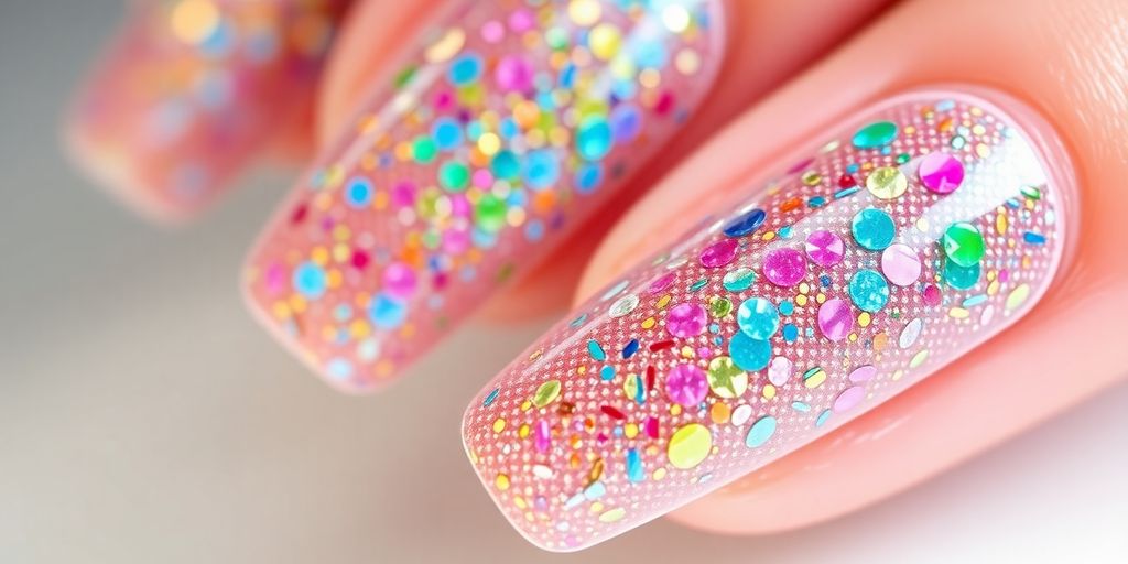 Unhas em gel com design encapsulado e brilhante.