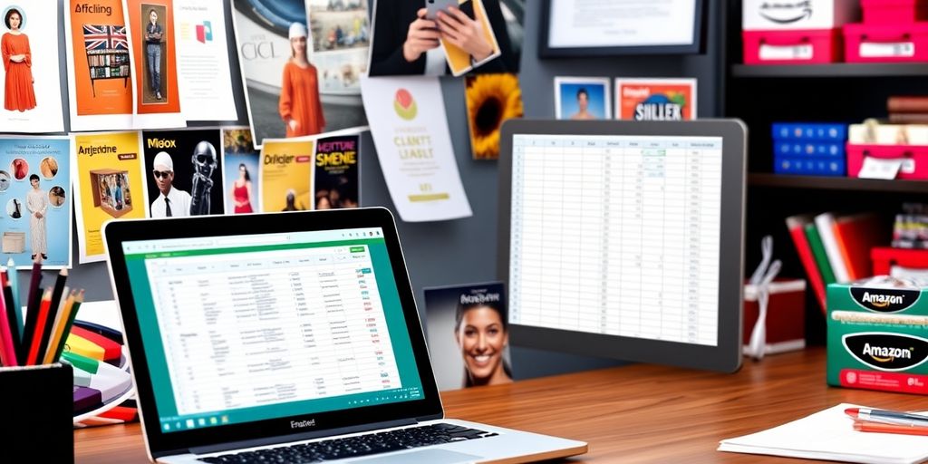 Workspace with laptop and vibrant product inventory items.