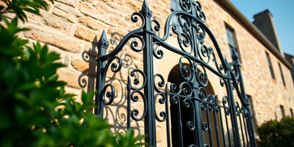 Ornate wrought iron gate, historic Cornish home.