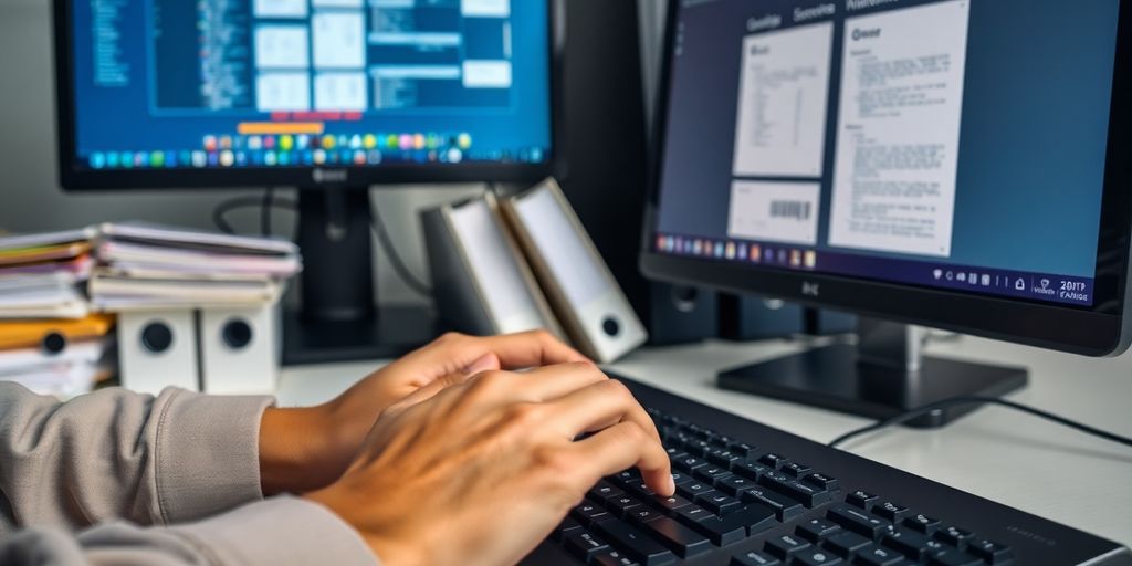 Person typing on keyboard, surrounded by file folders.