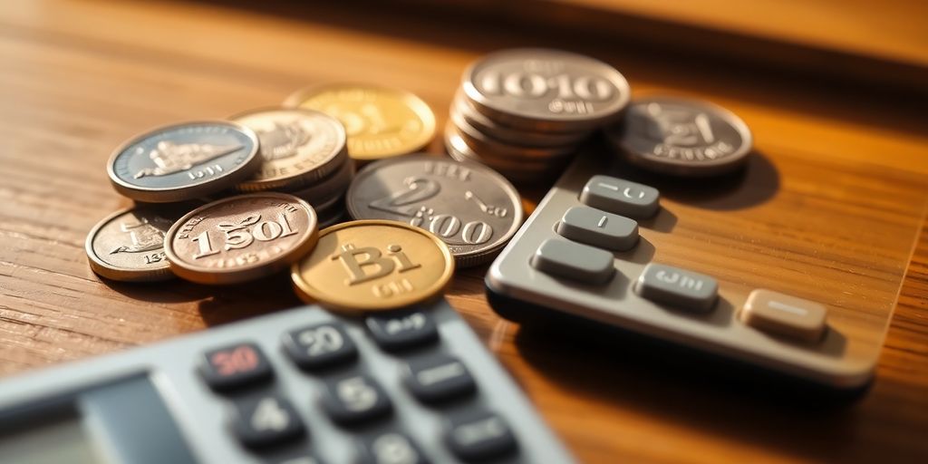 Spanish coins and a calculator on a wooden table.
