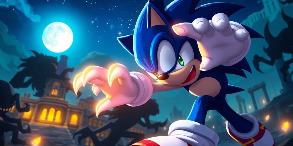 Sonic the Werehog fighting enemies at night.