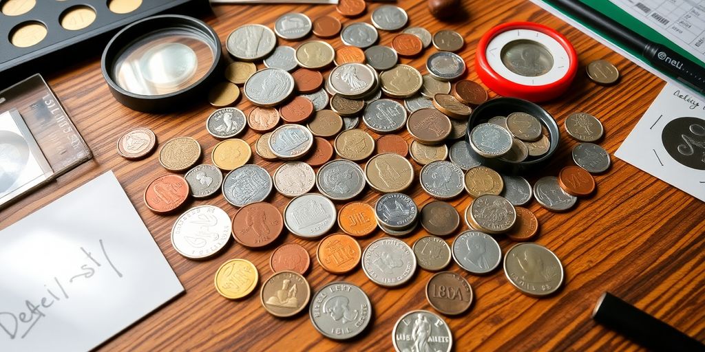 Assorted coins and collecting tools on a wooden table.