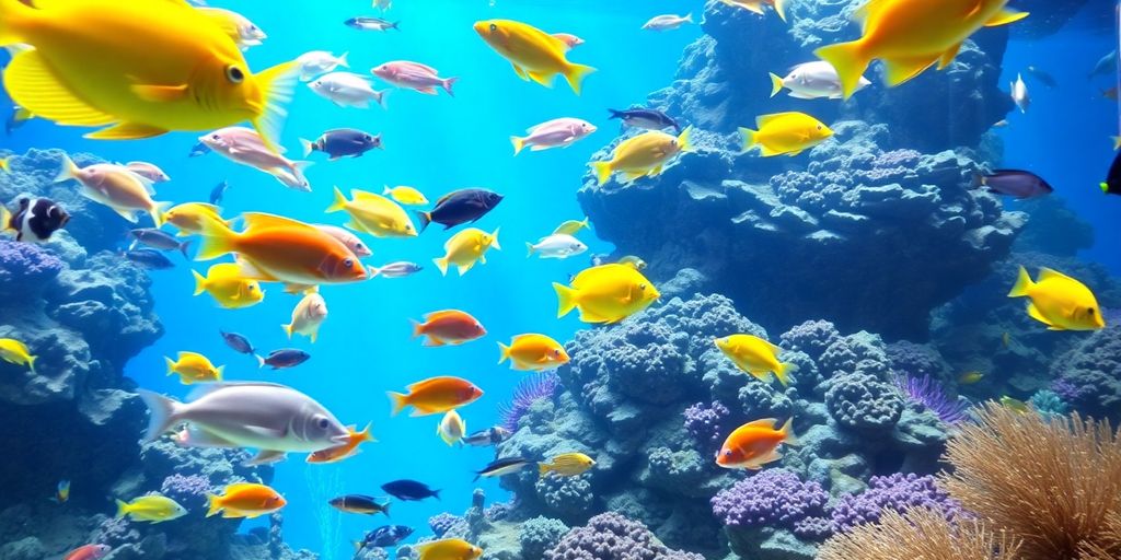 Colorful saltwater fish swimming in an aquarium.