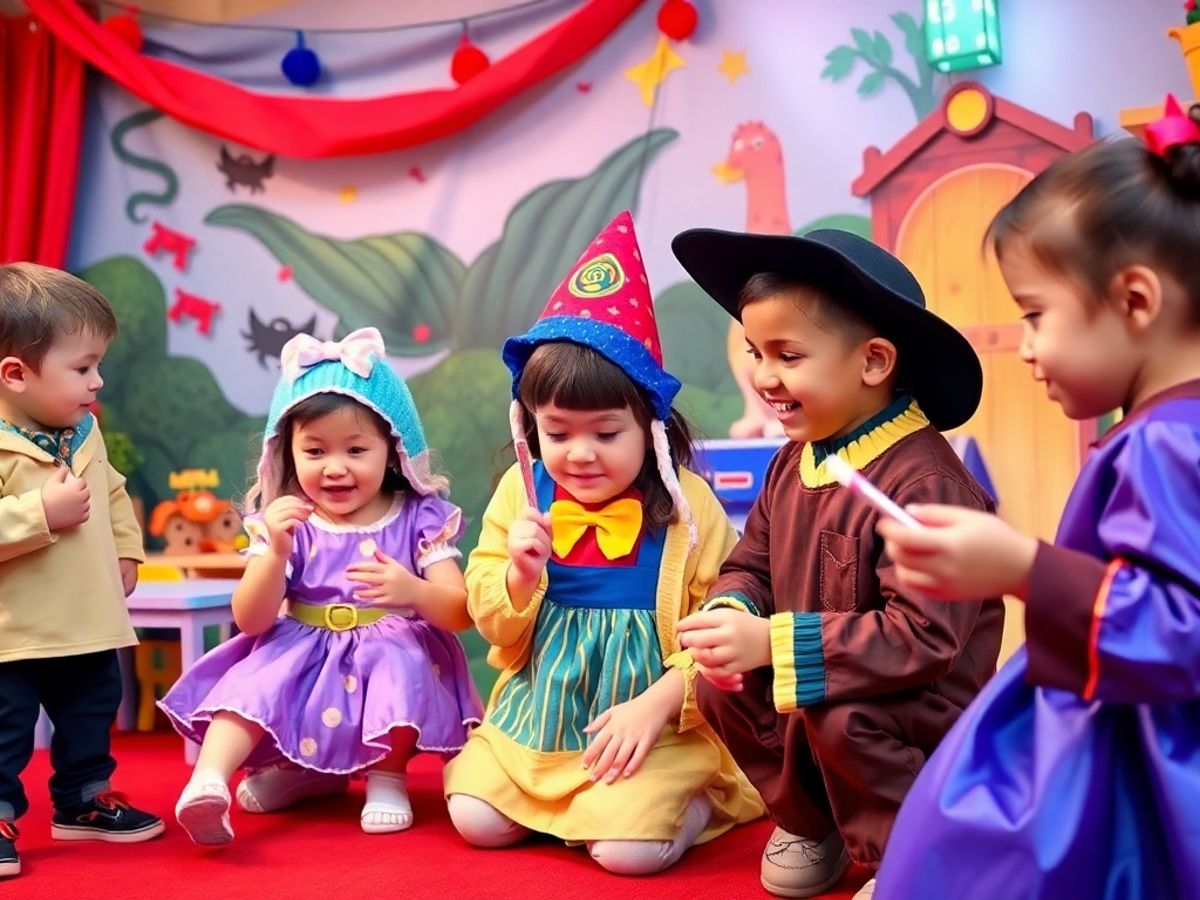 Copii jucându-se roluri în costume colorate.