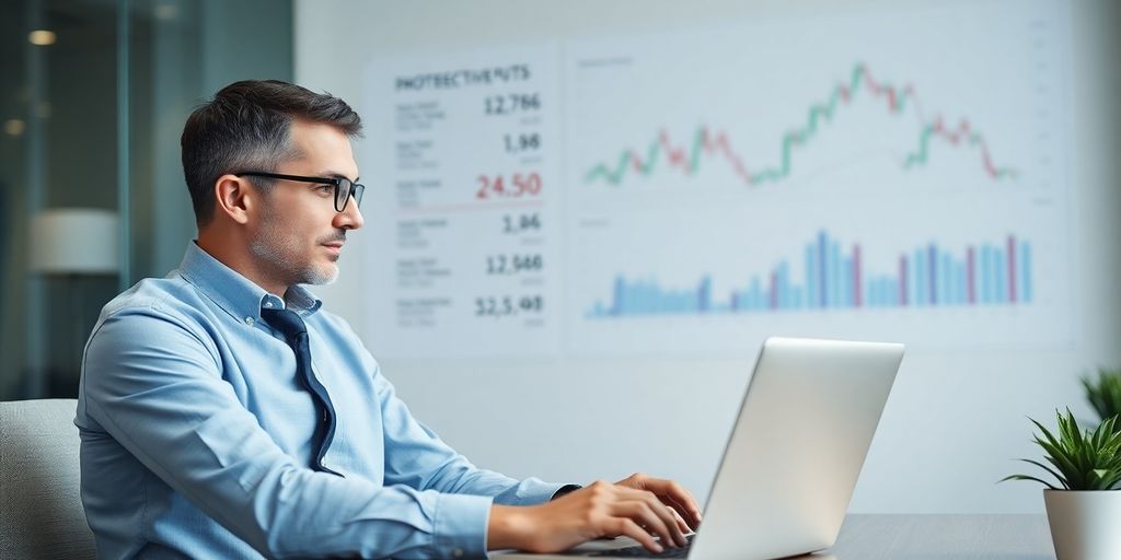 Investor reviewing strategies with a laptop in an office.
