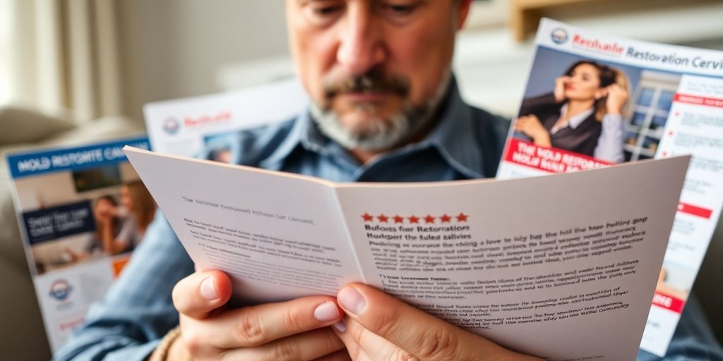 Homeowner reviewing restoration company feedback and brochures.
