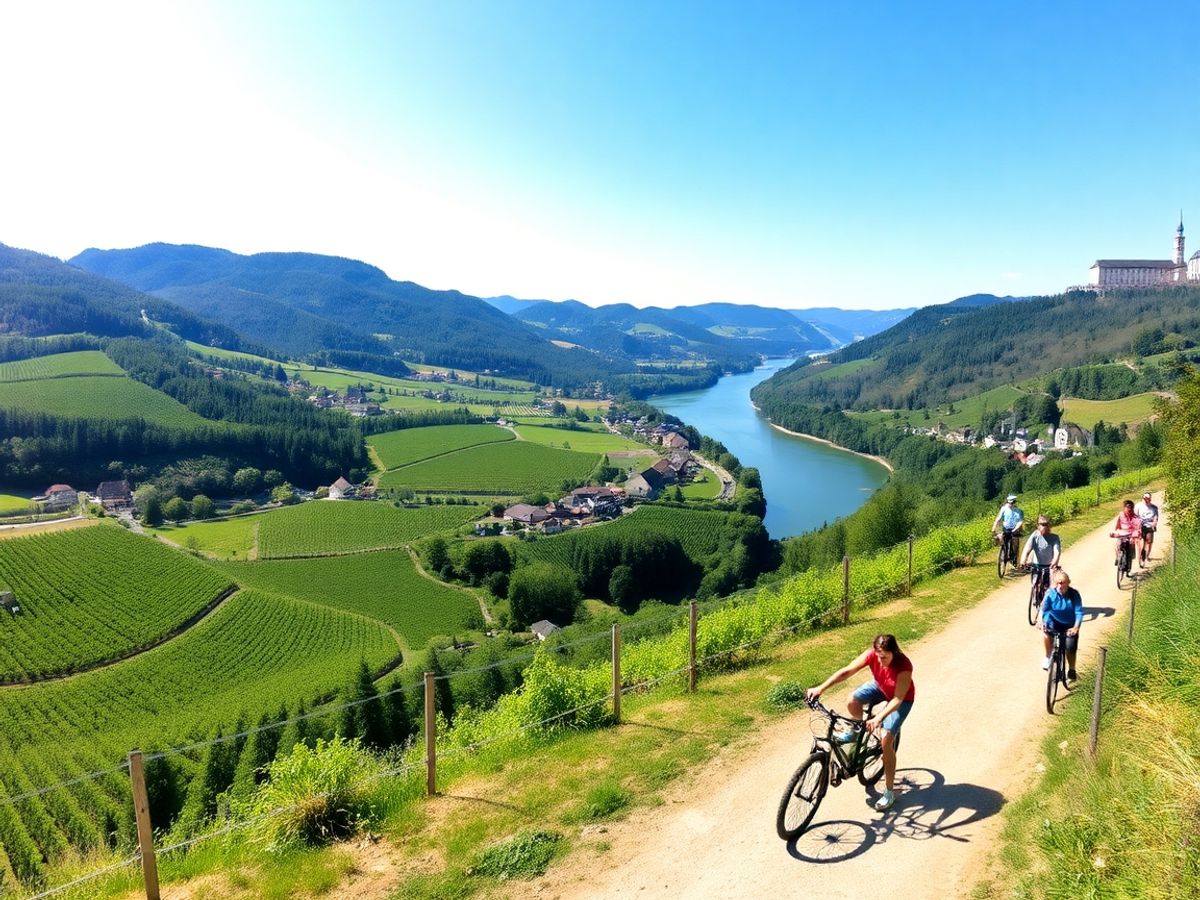 Biking in Wachau Valley with vineyards and river views.