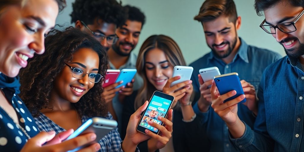 People interacting on various messaging app interfaces.
