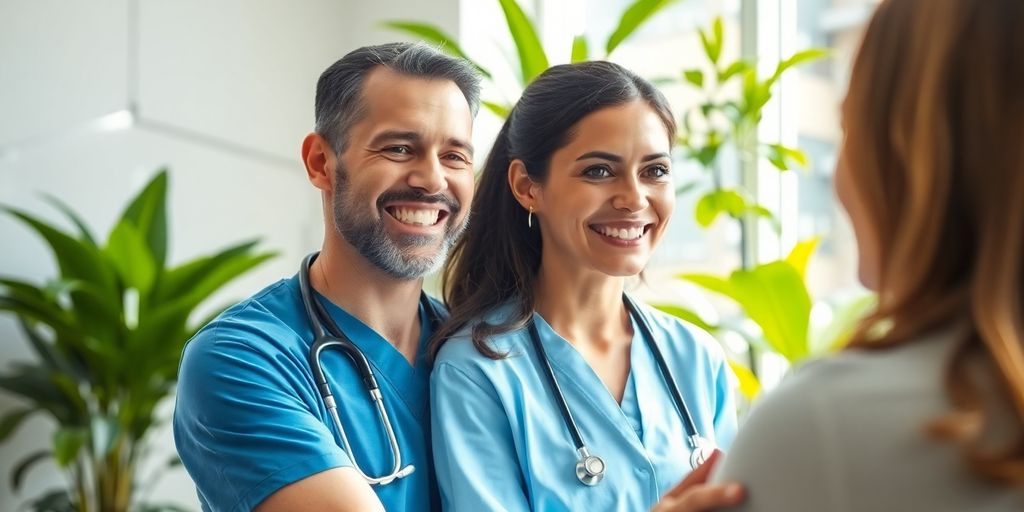 Healthcare professional and patient smiling in modern clinic.