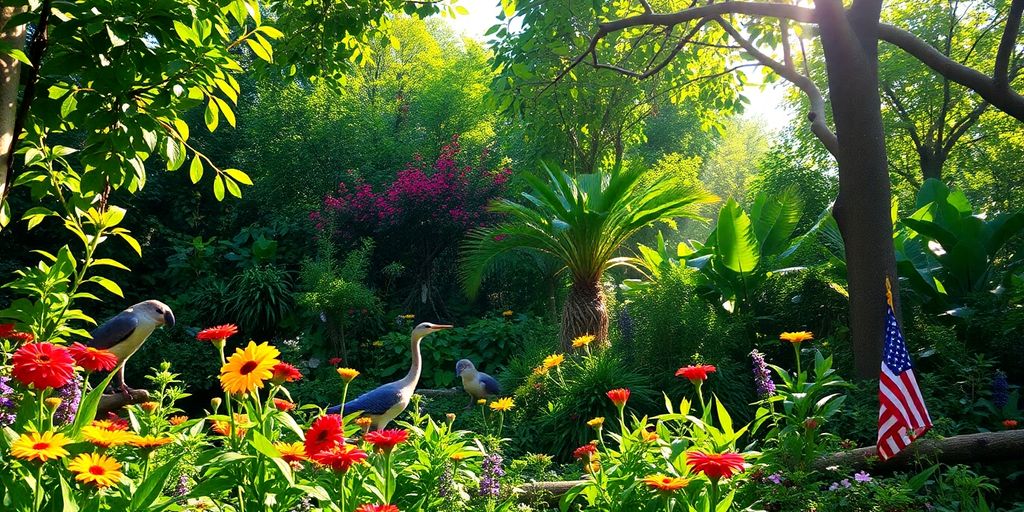 Lush green habitat with diverse wildlife and flowers.