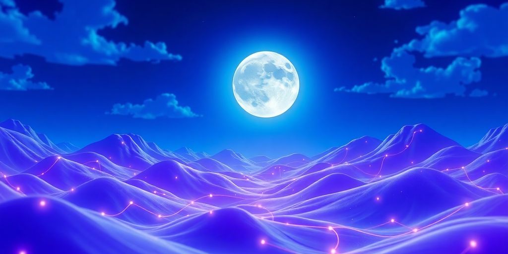 Digital landscape with a glowing moon and nodes.