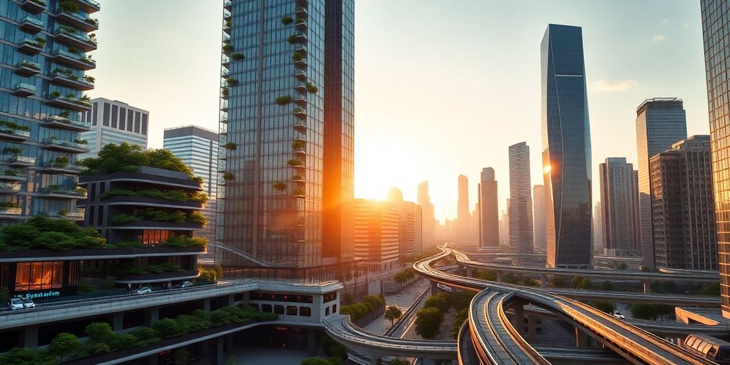 Futuristic city skyline, sustainable urban development.