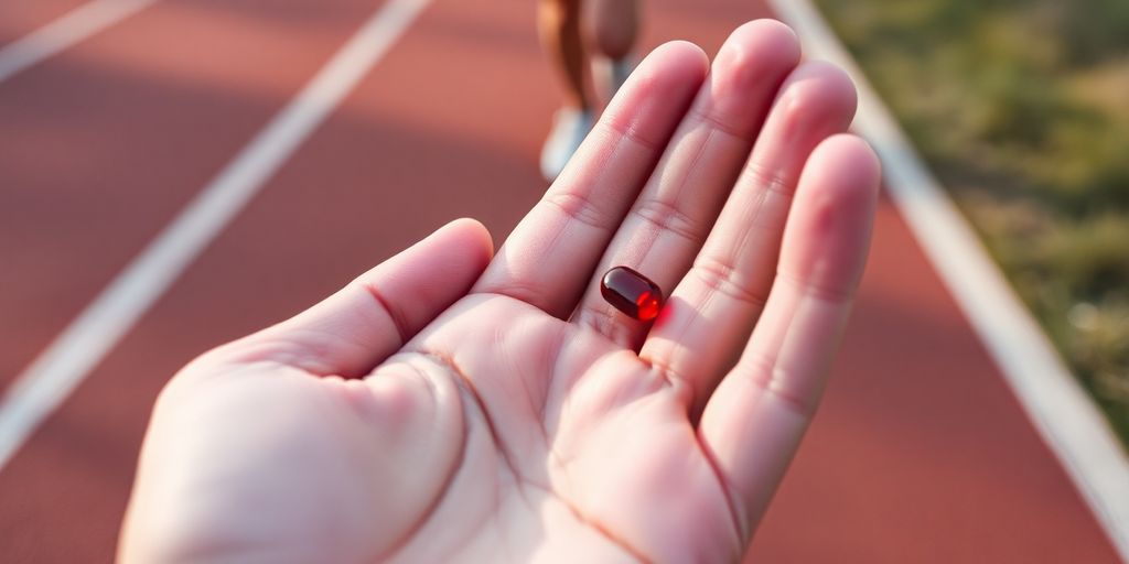 Runner's hand holds iron supplement pill.