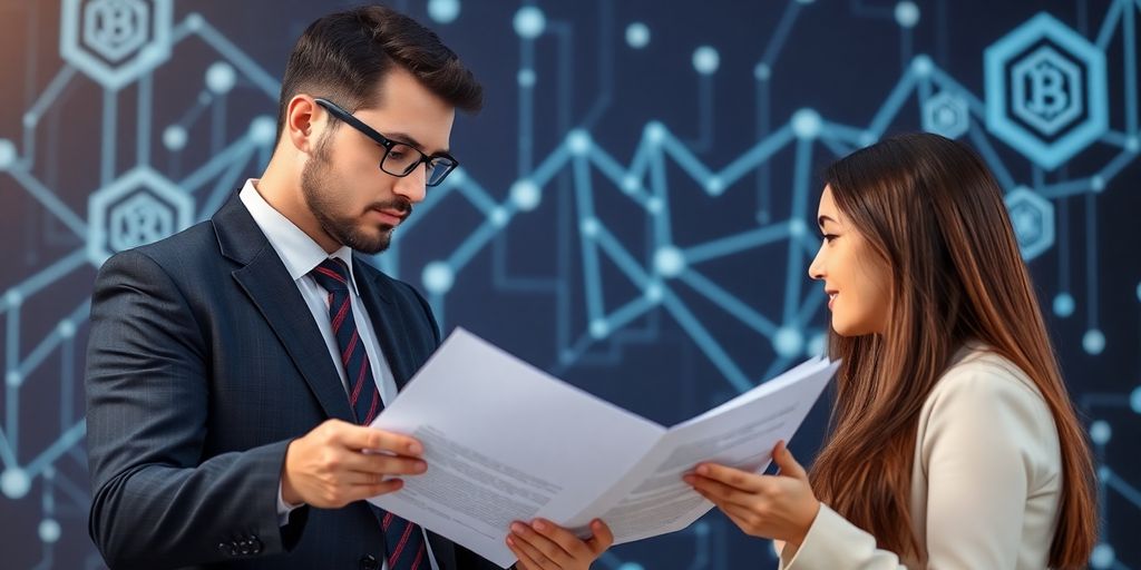 Lawyer consulting on cryptocurrency with digital blockchain backdrop.