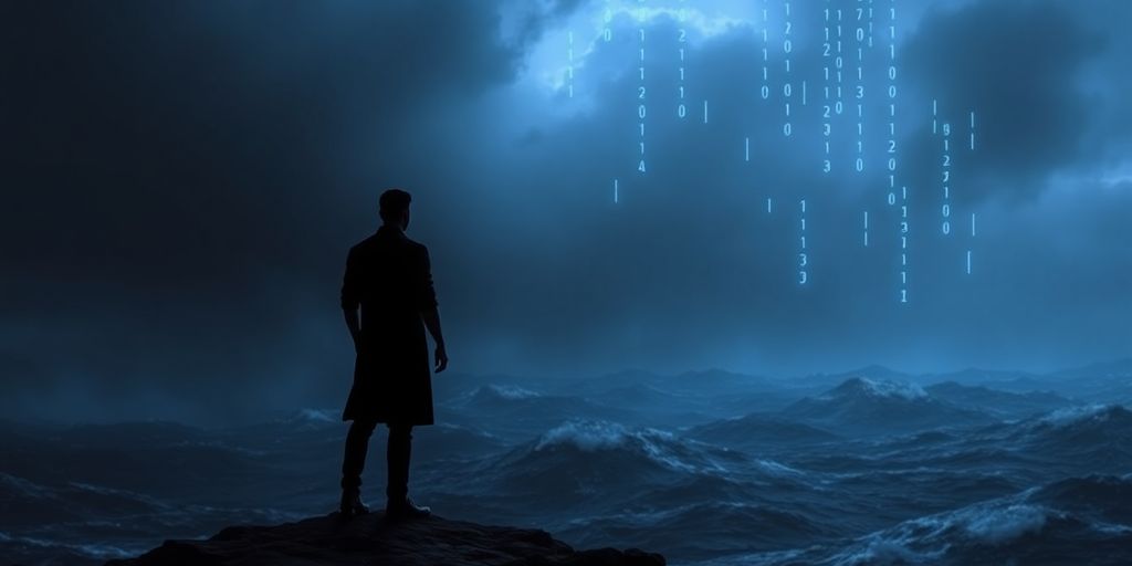 Person standing firm amidst digital market storm.