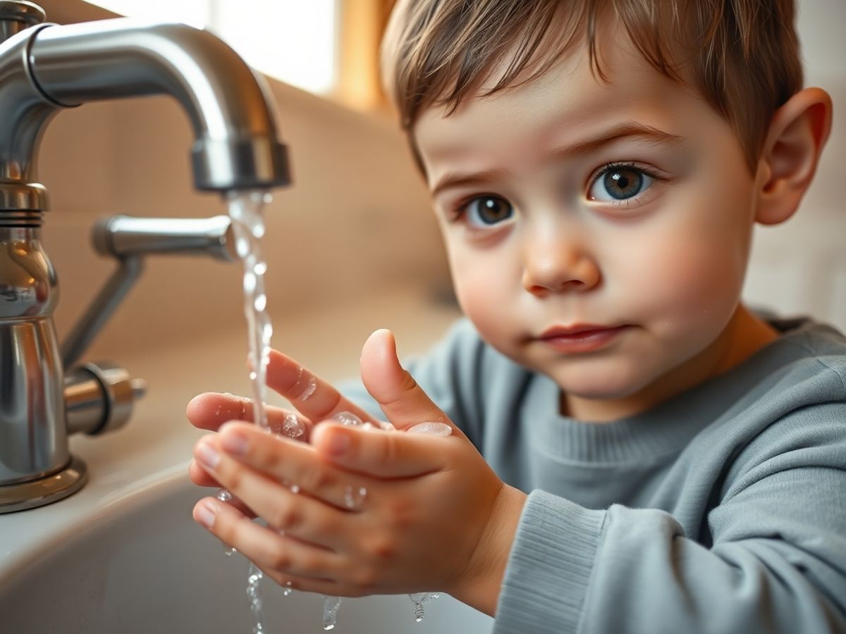 Copil zâmbitor spălându-se pe mâini cu săpun.