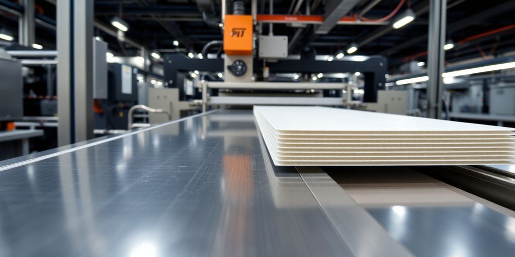 Close-up of a PU sandwich panel machine in operation.