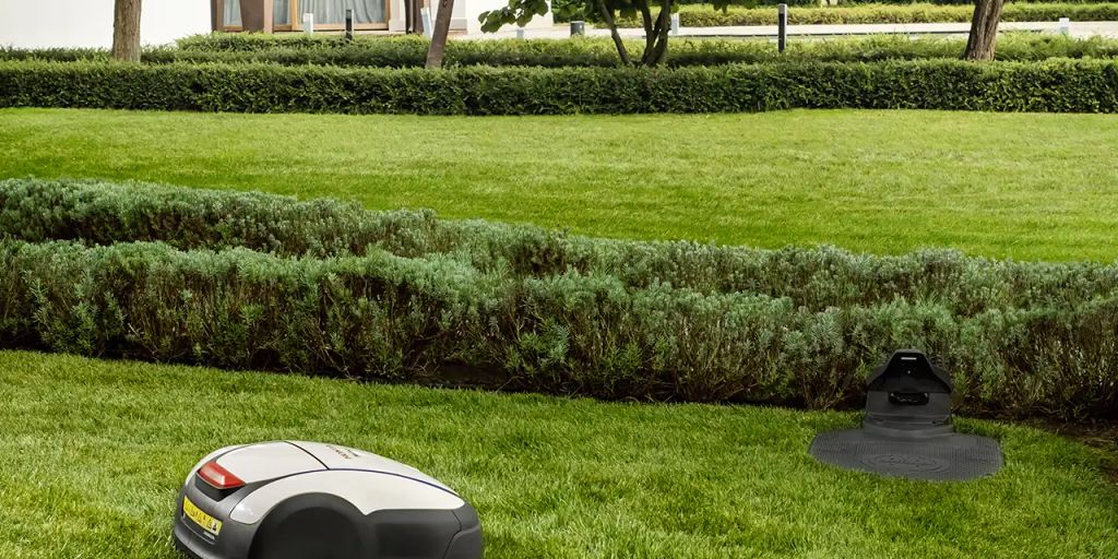 Two robotic lawn mowers on a neatly trimmed grassy lawn.