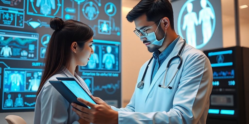 Doctor consulting patient through tablet in a modern setting.