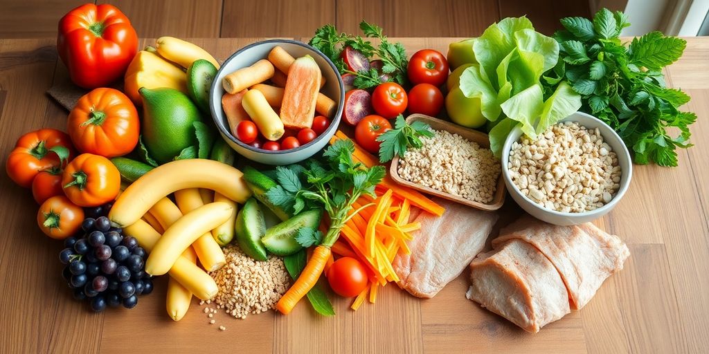 Healthy meal with fruits and vegetables on a table.