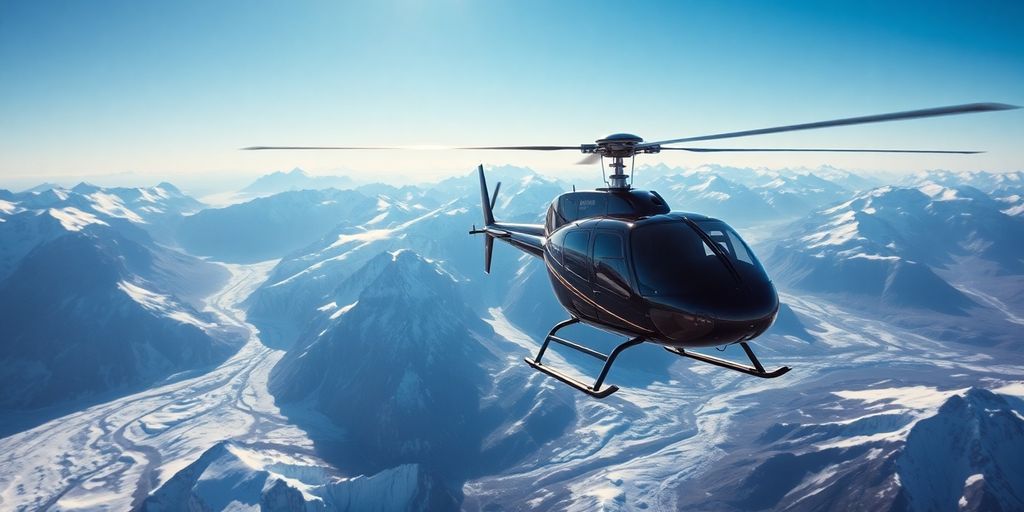 A helicopter flies over majestic, snow-covered Alaskan mountains and glaciers.