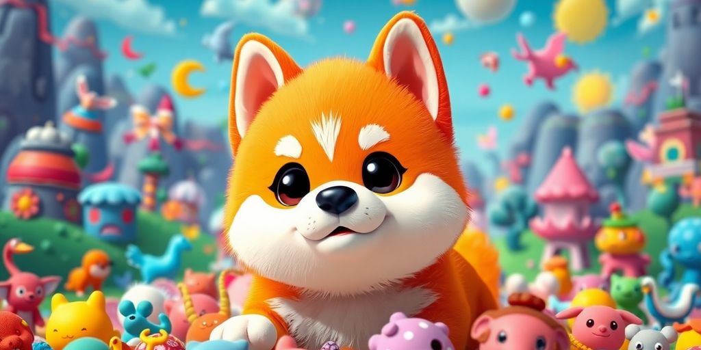 Cachorrinho Baby Doge entre obras de arte digitais.