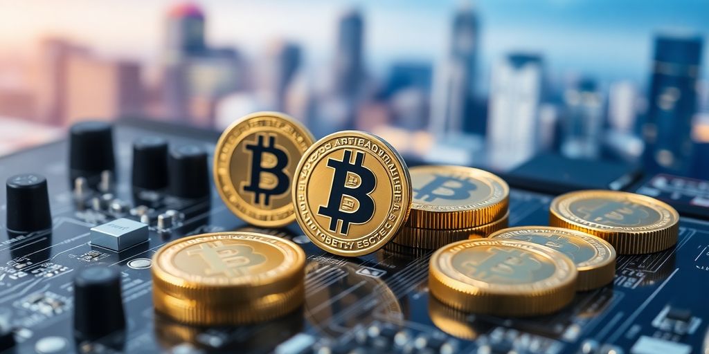 Digital tokens on a circuit board with a city backdrop.