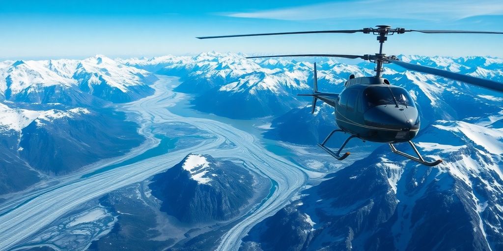 A red helicopter flies low over a massive Alaskan glacier.
