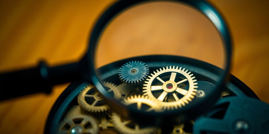 Magnifying glass over tiny, precise gears.