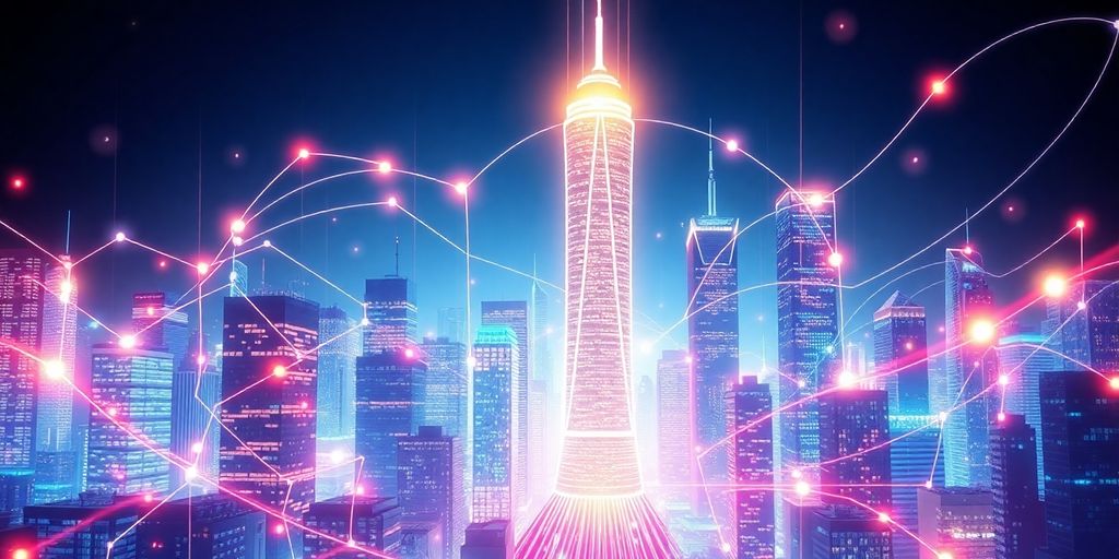 Infographic of interconnected skyscrapers and digital patterns.