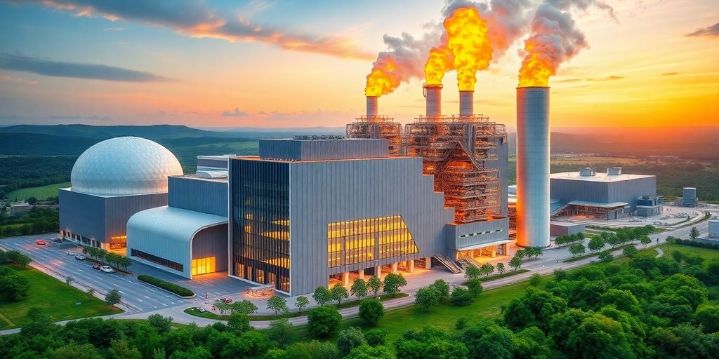 Modern incinerator with flames against a green landscape.