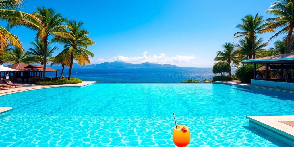 Resort pool, swim-up bar, palm trees, ocean view.