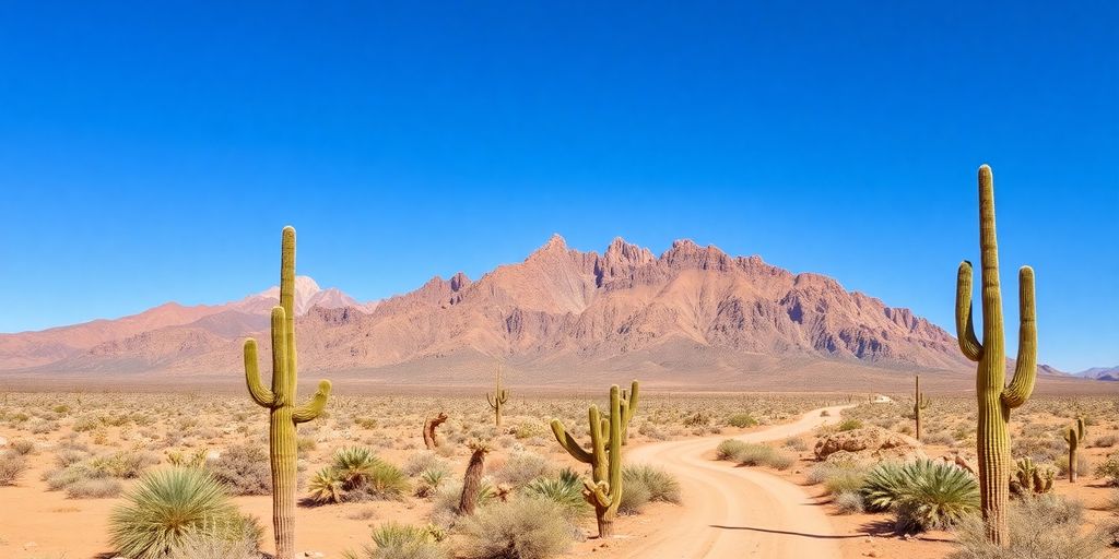Desert landscape with cacti, mountains, and a dirt road.