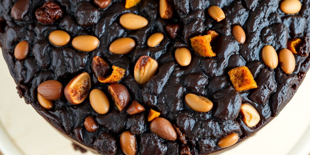 Close-up of a rich, dark panforte studded with nuts and fruit.