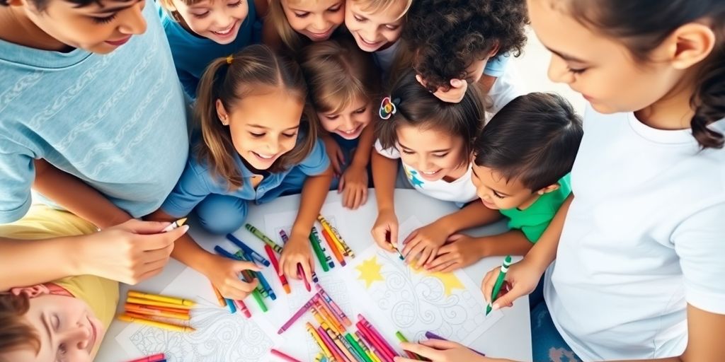 Kids coloring happily with crayons.