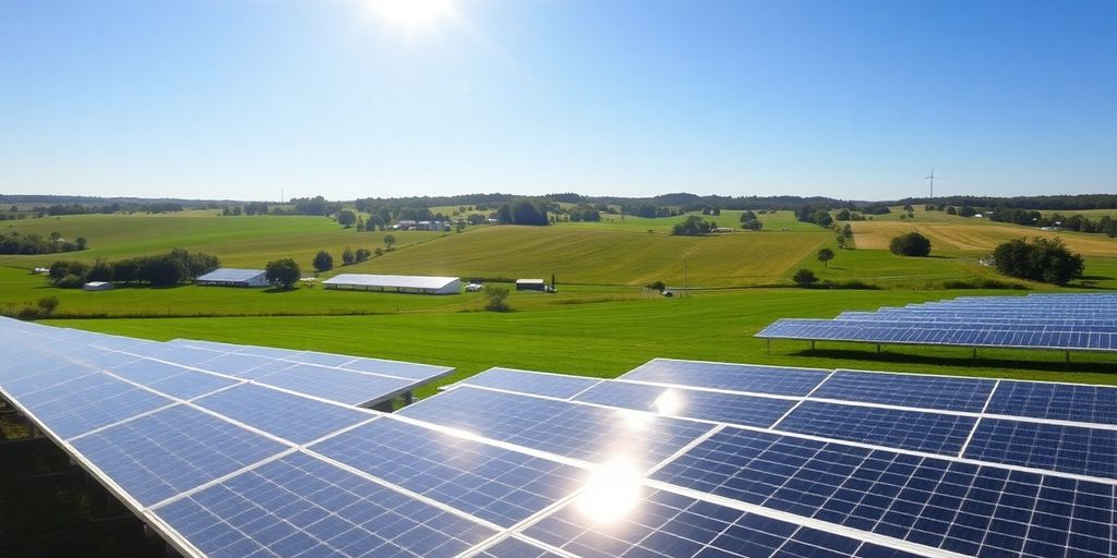 Solar panels in a sunny landscape with clear skies.