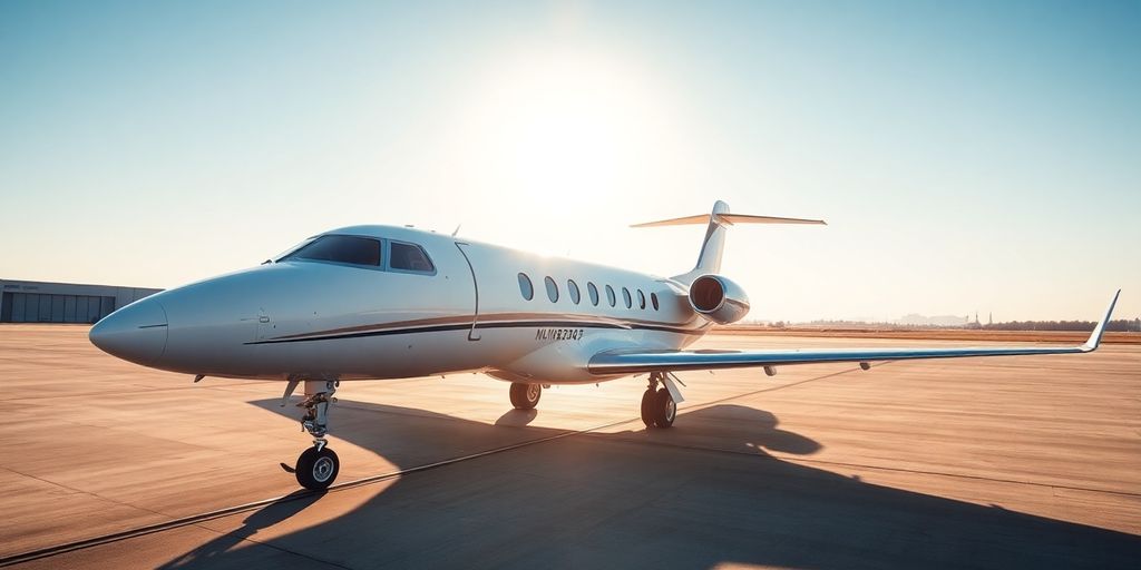 Sleek private jet parked on tarmac.